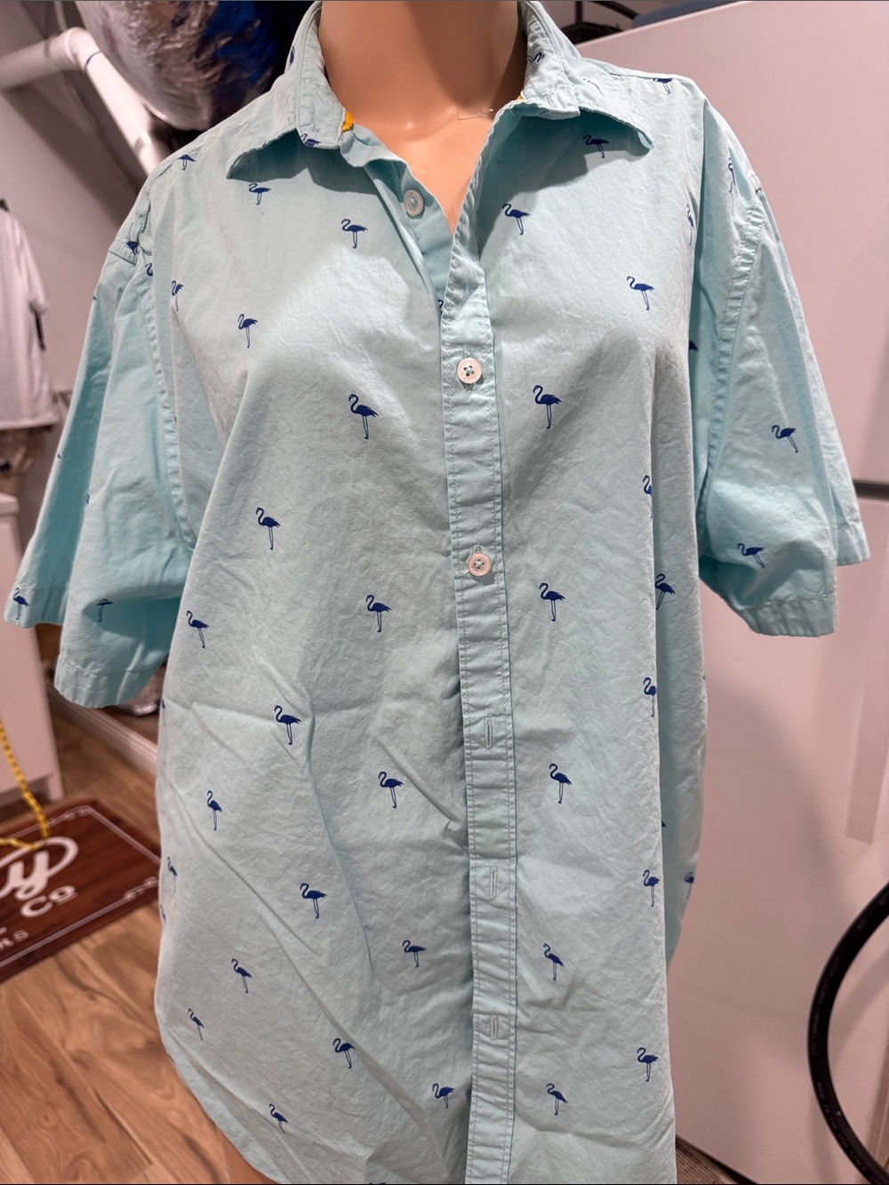 Men's teal blue Short-Sleeve Shirt with Navy Flamingo Print